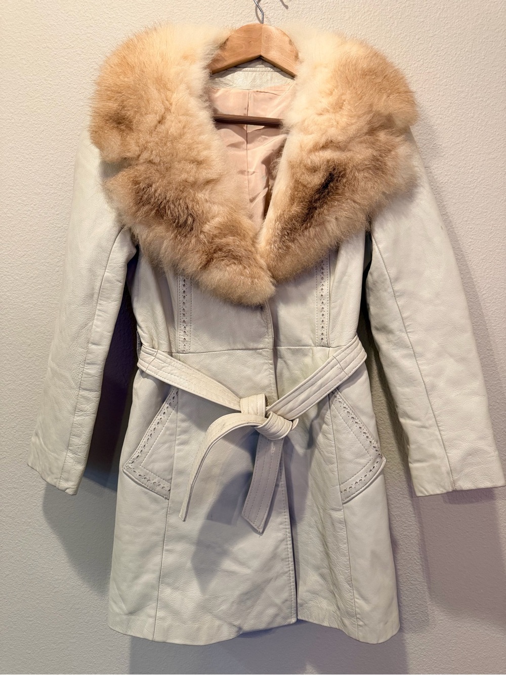 Vintage 1970s Genuine Leather Coat Fur Collar XS/S